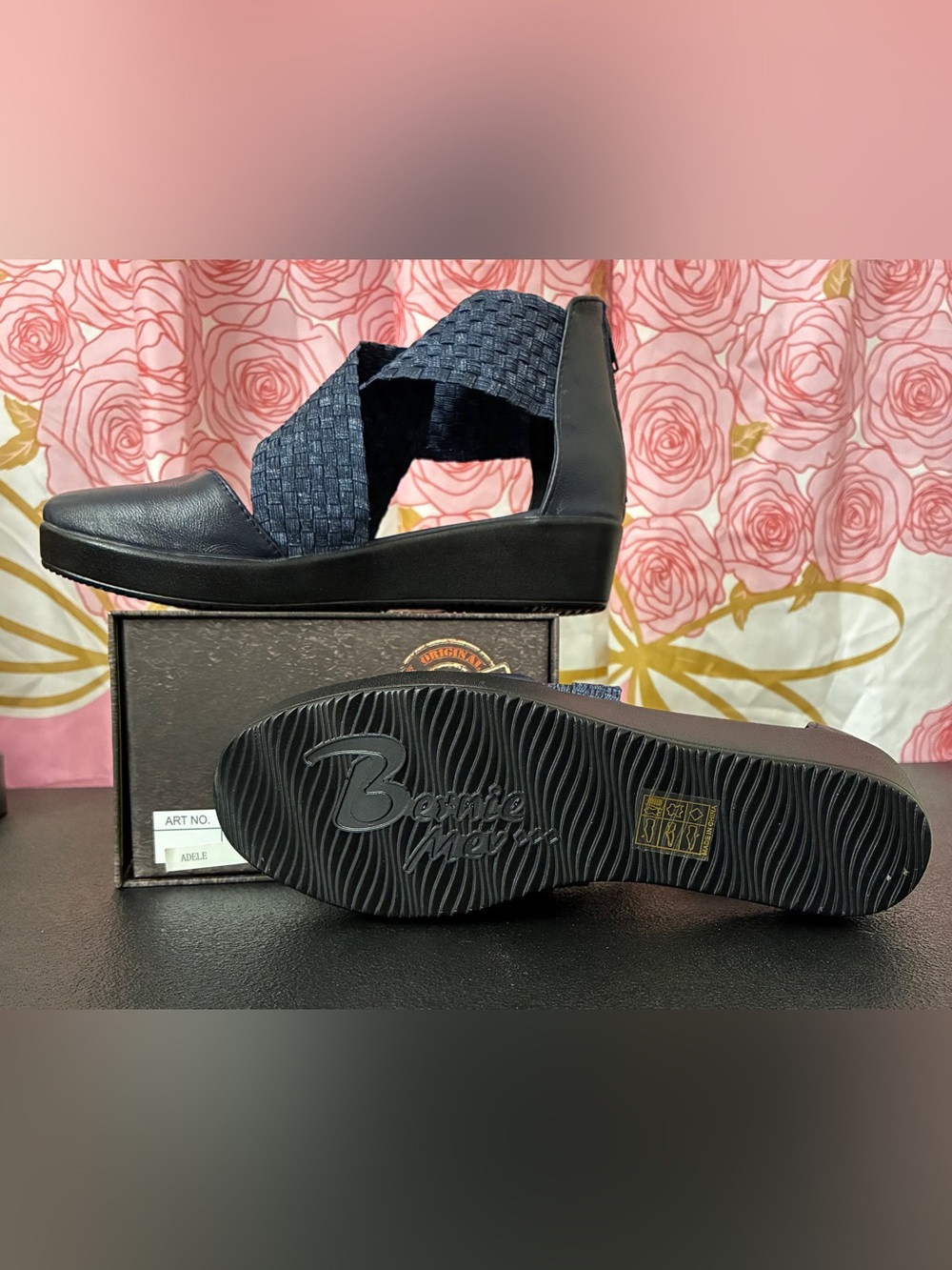 bernie mev. Adele Navy Wedge Sandals with Elastic Cross-Strap - Picture 2 of 3